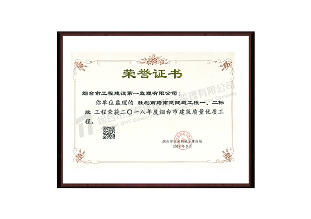 勝利南路南延隧道一、二標(biāo)段-2018年度煙臺(tái)市建筑質(zhì)量?jī)?yōu)質(zhì)工程